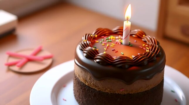 elegant chocolate cake with a single glowing candle, cozy celebration dessert in a warm inviting tabletop scene