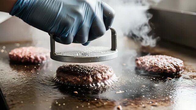 Chef pressing burger patties on a hot griddle with smoke rising, showcasing the cooking process and the making of delicious burgers in a professional kitchen