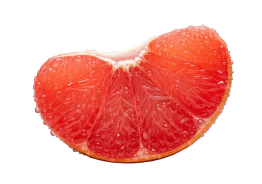 Single grapefruit segment dynamically torn open, intricate glistening pulp vesicles bursting with pearlescent juice and micro-droplets, on a transparent background, extreme macro, concept of natural