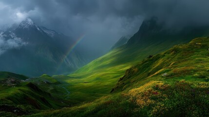 A dramatic mountain valley with lush green hills, wildflowers, misty peaks, and a faint rainbow under stormy clouds