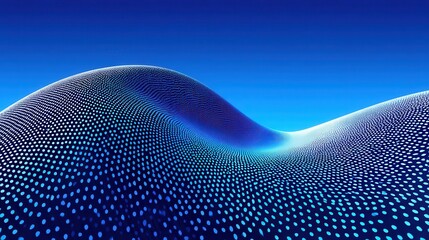 Abstract digital landscape with flowing curves and dotted patterns under a blue sky