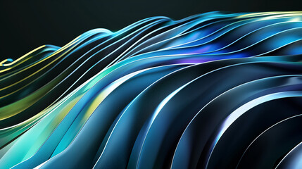 3d render, dynamic abstract geometric stripes in blue and green gradient on a black background