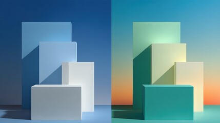 Fototapeta premium Abstract geometric shapes in varying colors create a modern aesthetic against a gradient backdrop