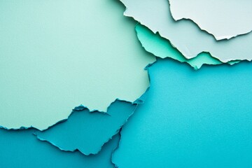 Obraz premium A vibrant abstract design features layered, torn shapes of pastel teal, mint, and light blue hues.