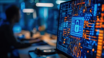 A computer screen displays a digital padlock symbolizing cybersecurity, with a blurred person working in a modern office environment