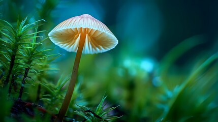 Fototapeta premium Magnified tiny mushroom exhibiting fine gills among rich vegetation 