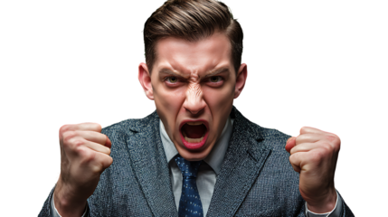 Angry Businessman in Suit with Clenched Fists Expressing Frustration in Isolated Background