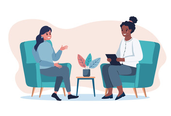 Psychotherapy session - woman talking to psychologist. Female patient in armchair and female psychologist. Mental health concept. Flat vector illustration.