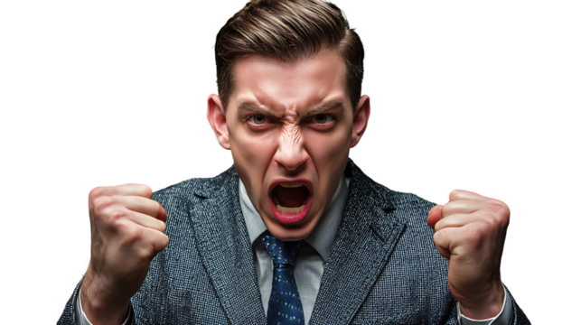 Angry Businessman in Suit with Clenched Fists Expressing Frustration in Isolated Background - Powered by Adobe