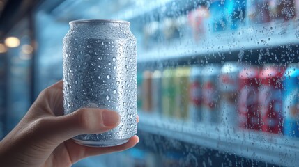 A hand holds a cold, condensation-covered can in front of a refrigerator stocked with various colorful beverage cans