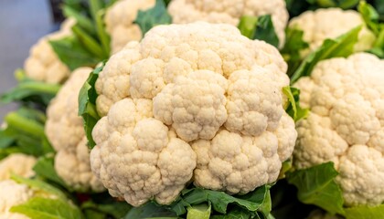 Close-up of several fresh, creamy-white cauliflower heads nestled amongst vibrant green leaves