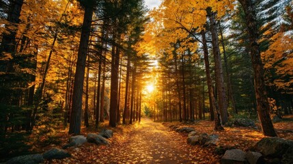 Naklejka premium A golden autumn forest path bathed in sunlight, with fallen leaves and tall trees creating a serene and peaceful atmosphere