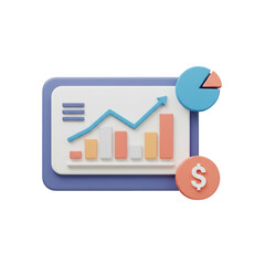 A 3D rendered illustration showing a financial growth chart, pie chart, and a dollar symbol, representing business success.