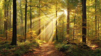 Obraz premium Sunlight filters through tall trees, illuminating a tranquil forest path covered in autumn leaves and lush greenery