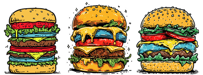 Three colorful cartoon-style burgers with melted cheese, lettuce, tomato, and onion on a transparent background