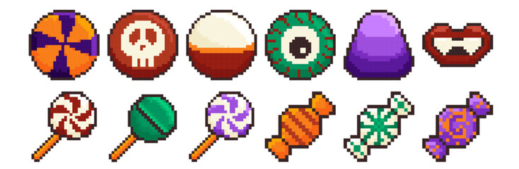 Obraz premium Halloween spooky candy pixel art retro game icon set, vector illustration