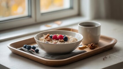 Cozy Autumn Morning Breakfast with Oatmeal and Berries by a Sunlit Window