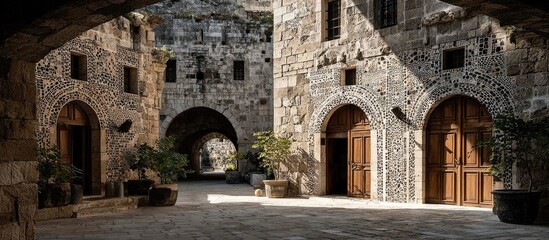 Ancient stone courtyard with arched doorways