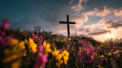 A wooden cross stands on a hill covered in colorful wildflowers, with a dramatic sunset sky in the background