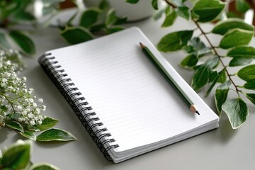 Blank spiral-bound notebook, pencil, and greenery