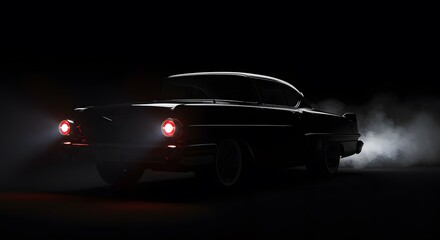 Fototapeta premium Classic Black Car Silhouette with Glowing Headlights in Dark Setting