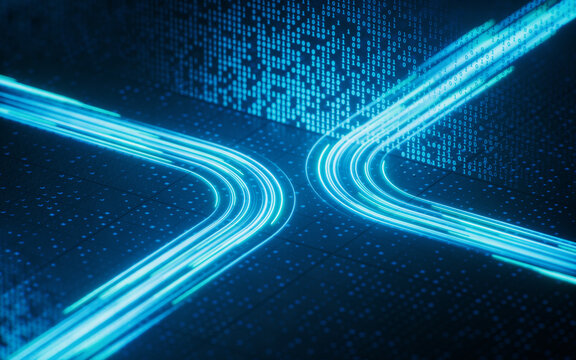 Flowing neon lines with binary data background, 3d rendering.