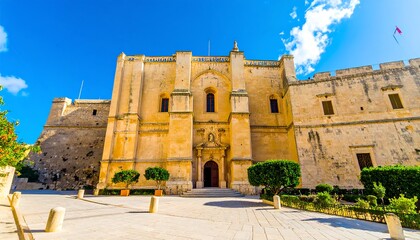 A vibrant, sunny view of a historic church facade, highlighted against a backdrop of ancient stone walls and lush greenery.