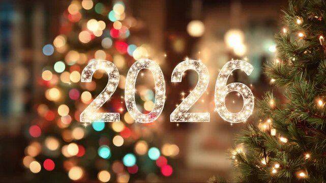 New Year 2026, animated new year numbers on christmas background - Powered by Adobe