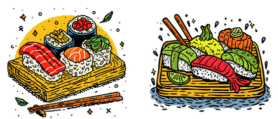 Sushi platter with chopsticks floating on water in cartoon style with transparent background