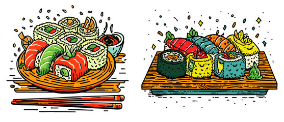 Sushi platter with chopsticks floating on water in cartoon style with transparent background