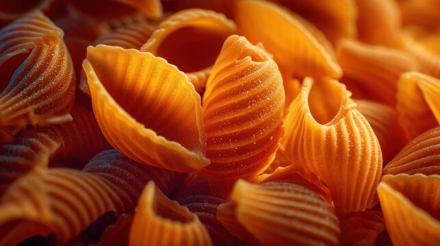 Close-up of vibrant orange pasta shells stacked together, showcasing texture and color variations