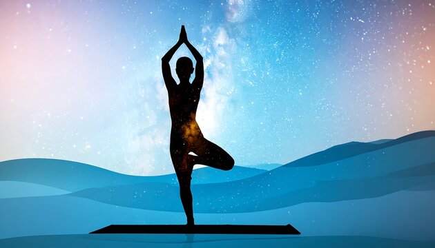 Silhouette of a woman in tree pose yoga against a night sky and mountains