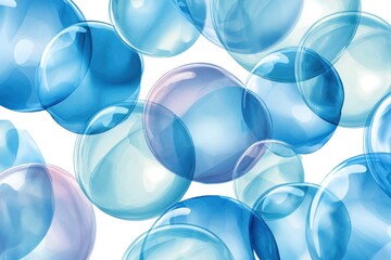 Translucent, overlapping orbs in shades of blue create a bubbly, ethereal effect on a white background. Air-light and calming