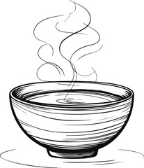 Minimal soup bowl line art vector, abstract doodle style with steam lines, simple black and white food sketch illustration