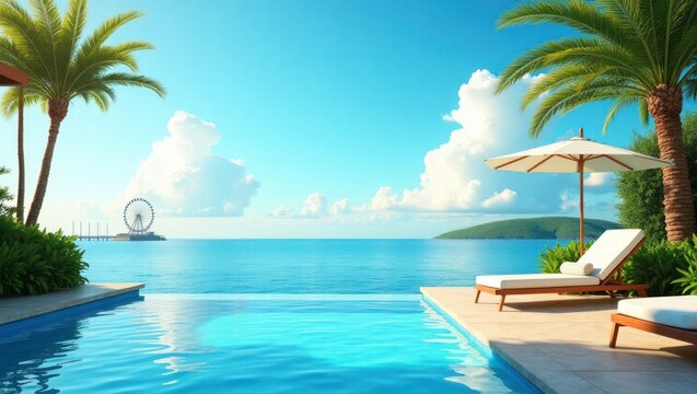 A tranquil poolside paradise with a stunning ocean view and lush tropical landscaping.