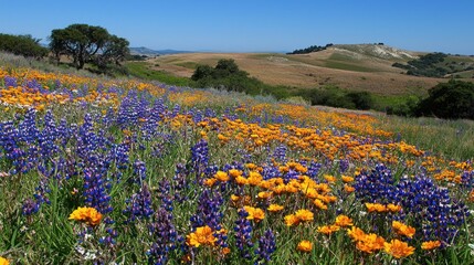 Obraz premium Vibrant wildflowers blanket a rolling hillside under a clear blue sky.