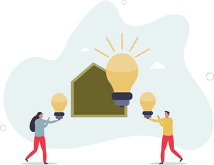 Character reduce energy consumption at home by using energy saving light bulb.flat vector illustration.life and employment of people.