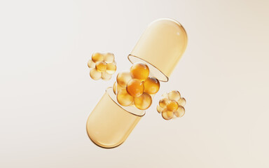 Golden medical capsule with biological concept, 3d rendering.