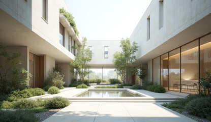 Contemporary courtyard architecture showcases a minimalist design that emphasizes natural light, creating a tranquil and serene outdoor environment