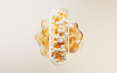 Golden medical capsule with biological concept, 3d rendering.