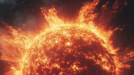 Fiery sun close-up with intense flames and cosmic background.