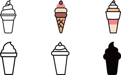 Set of ice cream icons, including cones and soft serve, in various styles for menu design, dessert concepts, and summer treats.