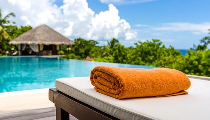 Rolled orange towel rests on a lounge chair beside a tropical pool
