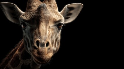 Obraz premium Close-up portrait of a giraffe against a dark background, showcasing its unique facial features