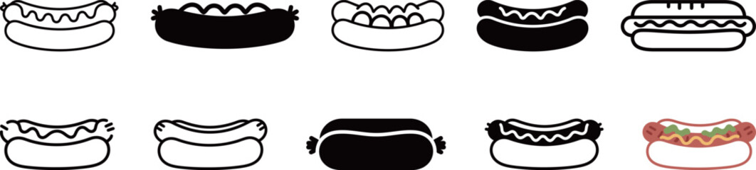 Set of hot dog icons in various styles, perfect for fast food, American cuisine, and grilling concepts.