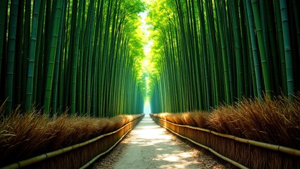 Serene Bamboo Forest Pathway with Lush Greenery and Sunshine