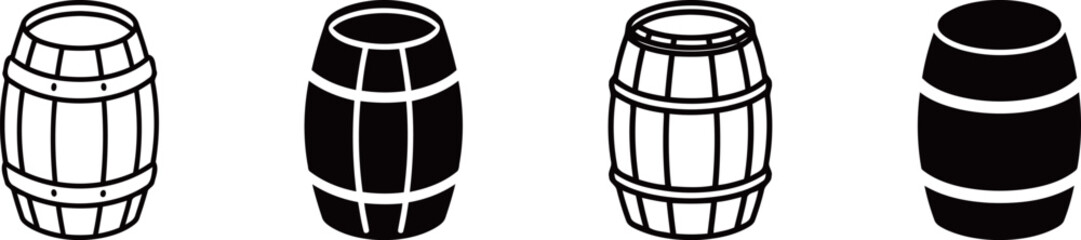 Set of wooden barrel icons in various styles, representing containers for wine, beer, and other beverages.