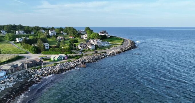 Aerial view of New Hampshire seaside mansions on a sunny day