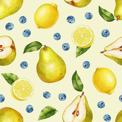 Seamless pattern with watercolor hand drawn pears, lemons and blueberries with slices and green leaves
