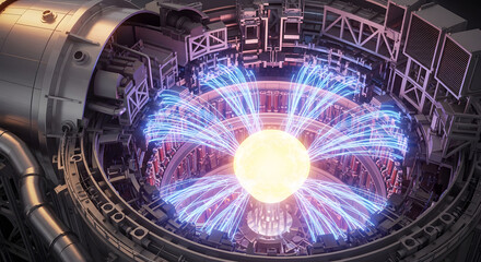 A detailed 3D illustration of a tokamak's interior showing a glowing plasma core contained by powerful magnetic fields in a nuclear fusion reactor.